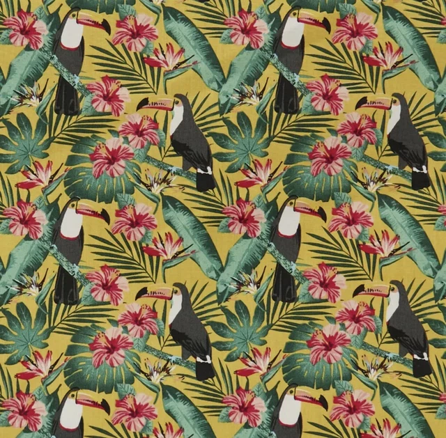 Tropical Toucans Palm Tree & Flowers 100% Cotton Poplin Fabric by Rose & Hubble