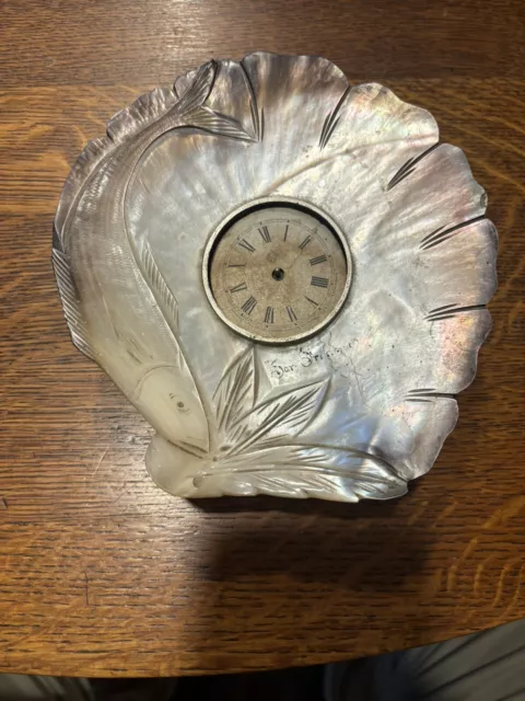 1890's Souvenir San Francisco Ansonia Mother Of Pearl Shell Clock Carved Fish