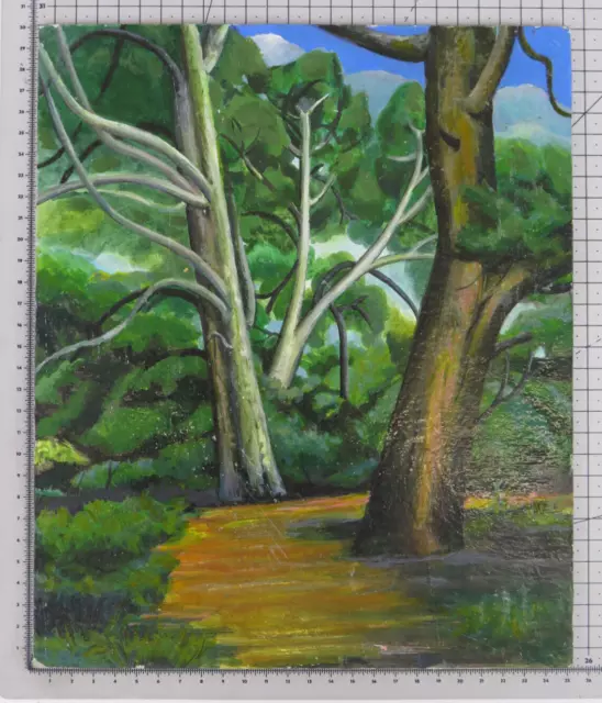 Viejo Cuadro Angular Óleo Paisaje Bosque Colorido Cuadro Vintage En Mesa Bsn