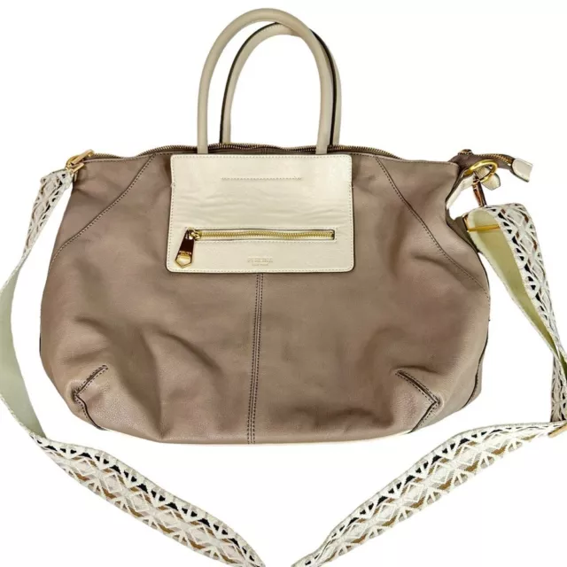 PERLINA Leather Top Handle Tote Satchel with added Crossbody Strap Taupe Bone 3