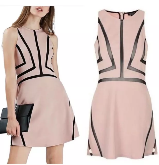 EUC Topshop Size 8 Blush Pink Black Mesh Sleeveless Mini Flare Skater Dress