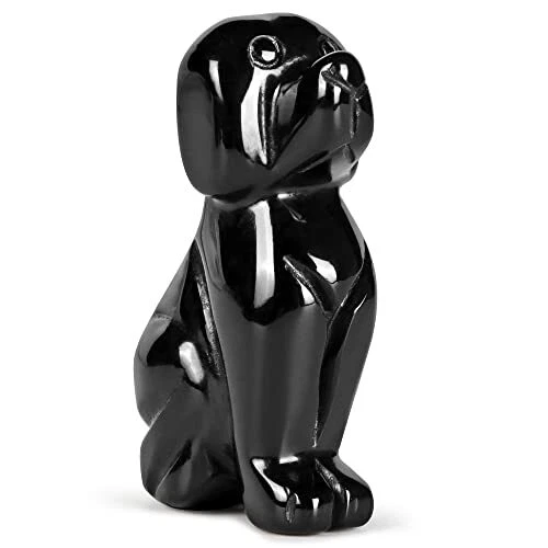 Hxswkk Crystal Dog Puppy Figurine Dog Sculpture Hand Carved Black Obsidian