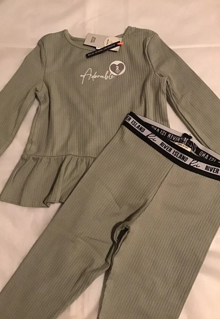 River Island mini ragazze età 3-4 anni set adorabile peplum verde a costine nuovo con etichette 2