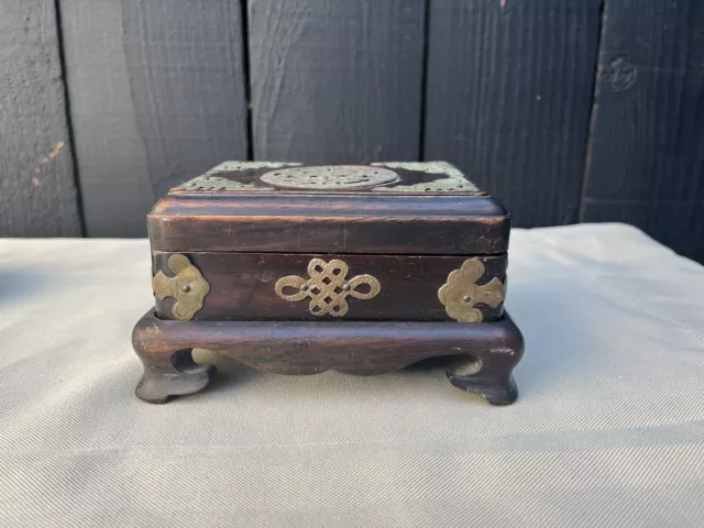 Antique Chinese Rosewood Etched Brass Bat & Fish Decorated Covered Box W/stand