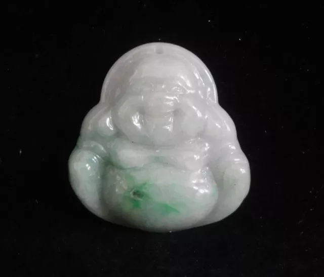FINE CHINESE HAND Carving Laughing Buddha Green White Emerald Jadeite ...