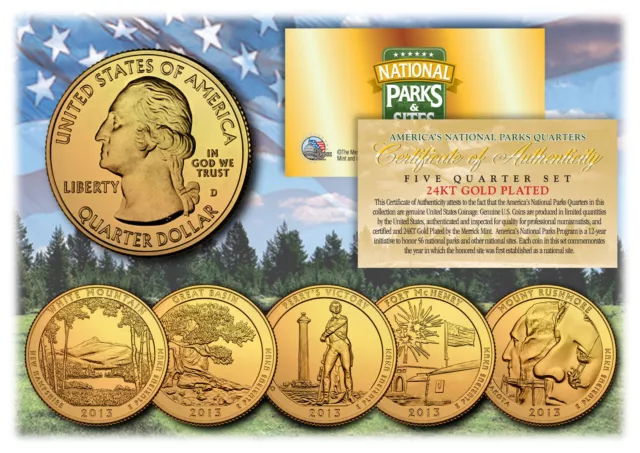 2013 America The Beautiful 24K GOLD PLATED Quarters Parks 5-Coin Set w/Capsules