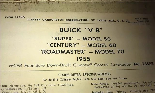 1955 BUICK V8   - CARTER CARBURETER Specs Leaflet