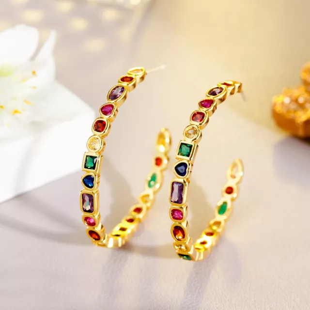 Regenbogen CZ Gelbgold Plattiert Runden Creolen Boho Braut Hochzeit Schmuck