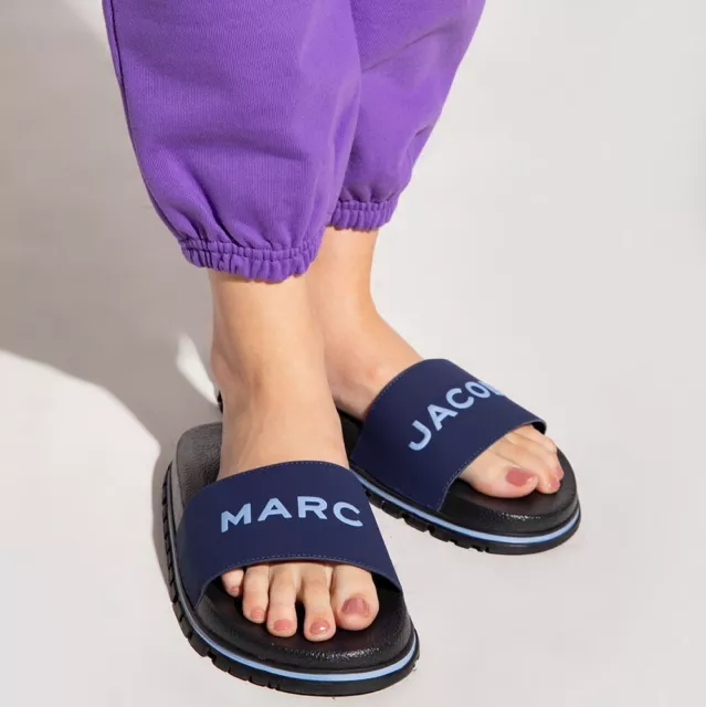 NEW Marc Jacobs Slides The Slide Sandals Logo Slip On Shoes Womens 7 / 37 Navy