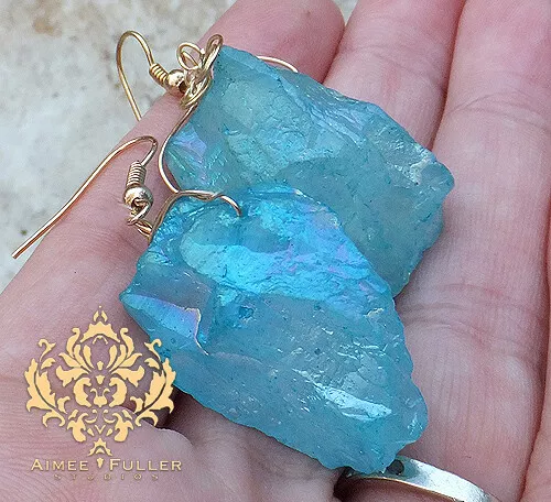Aqua Turquoise Blue Rough Gem Raw Prism Quartz Stone Earrings Natural Jewelry XL