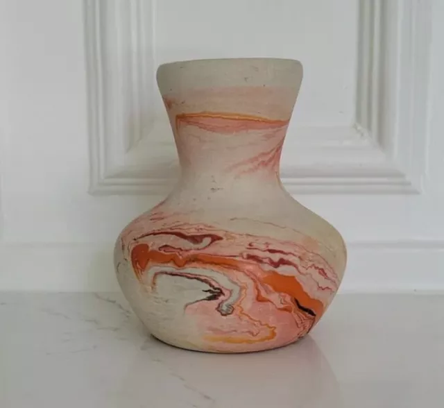 Vintage Nemadji Clay Pottery Vase, 3.5" tall, Red Orange Grey Swirl