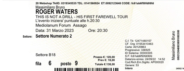 biglietto concerto Roger Waters 31.03.2023