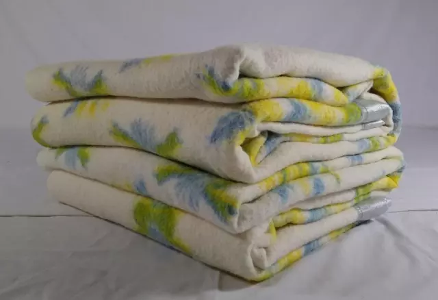 Pair of Vintage Witney Wool Blend Off White Blankets with Blue & Yellow Flowers