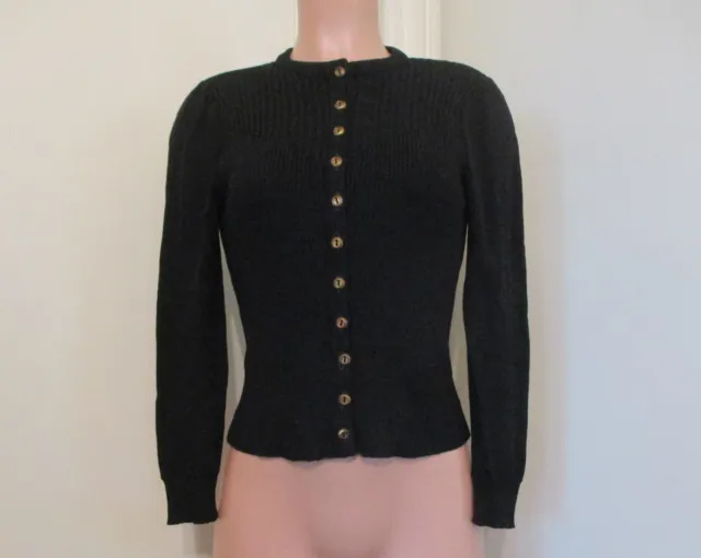 Oscar De La Renta Knit 1960'S Black Ribbed Cropped Long Sleeve Cardigan, Size 8