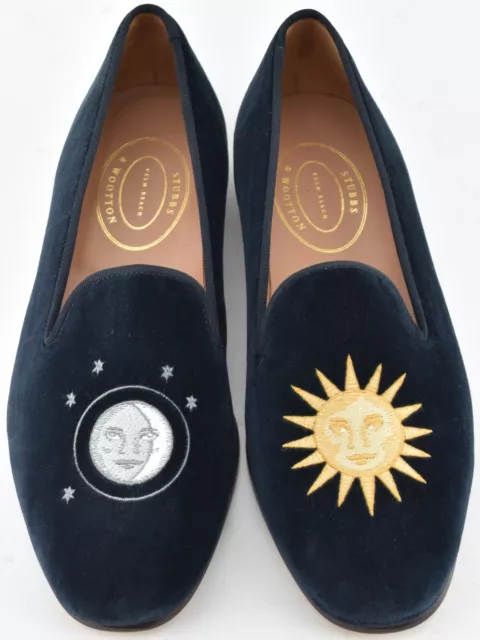 New | Stubbs & Wootton 12 Mens Nite N Day Sun Moon Navy Velvet Slippers Shoes