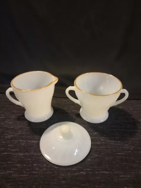 Vtg Anchor Hocking Fire King Swirl Golden Shell Creamer and Sugar Bowl Nice