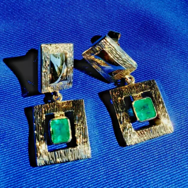 Earth mined Emerald Deco design Earrings Unique Vintage Style Dangles 14k Gold