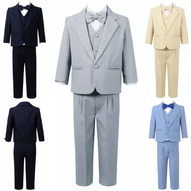 Boys 5 Pieces Formal Suit Set Slim Fit Jacket Vest Dress Shirt Pants and Bow Tie