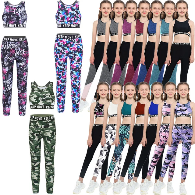 Pantaloni Leggings Sportivi Bambini 2 Pezzi Abbigliamento Atletico Ginnastica Crop Top Tank