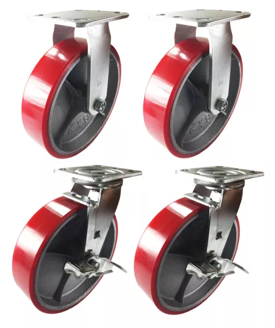 4 Heavy Duty Caster 8" Polyurethane Cast Iron Wheels Rigid Swivel & Brake Red