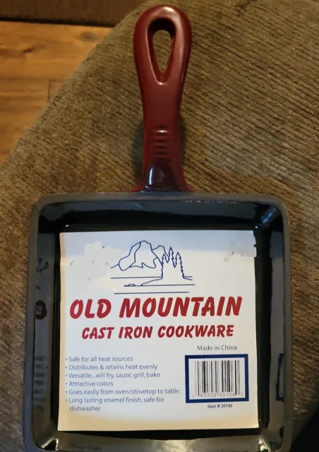 Old Mountain Sm (5 1/2x5 1/2) Square Red Enamel Cast Iron Fry Pan Read Desc - A4