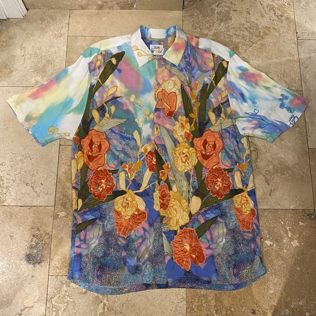 Vintage Jams World Mens Large Rayon Flower Floral Hawaiian Shirt Tropical EUC B3