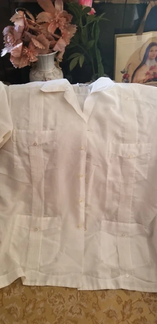 VINTAGE YUCATECA GUAYABERA White Satin Mexican Cigar Shirt Sz 42 $42.00