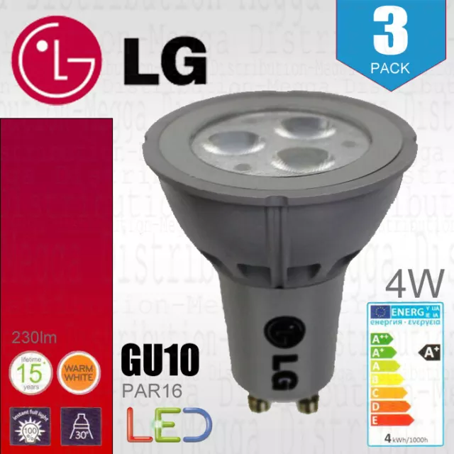 3 x LG 4w Energy Saving LED GU10 Spot Light Bulb/ Lamp 2700k ***15 YEAR LIFE***