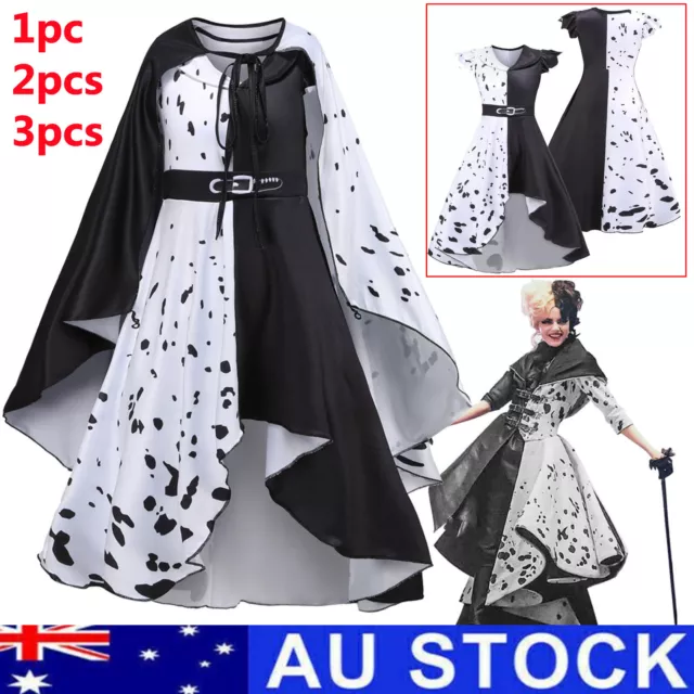 Girls Party Fancy Dress Cruella Cosplay Costume Kids Dress Up Halloween Outfits.