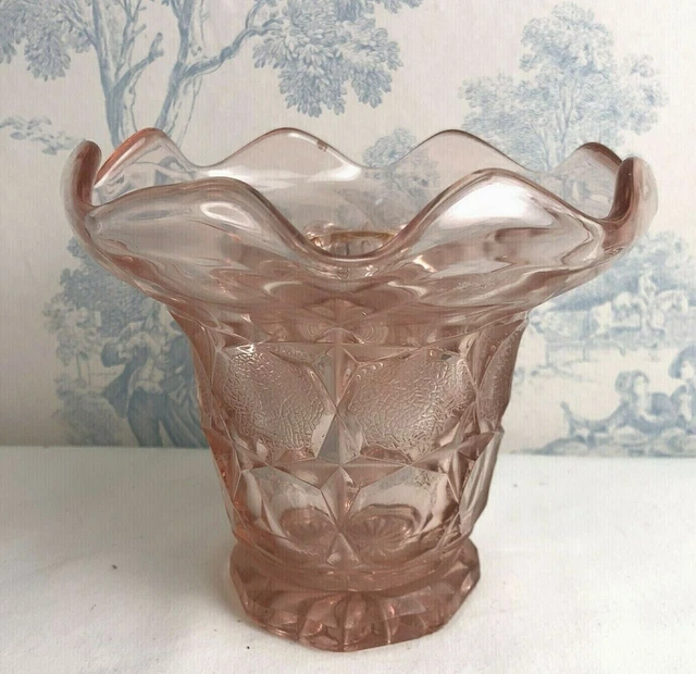 ART DECO VINTAGE 1930's Pink Pressed Glass Vase Flower Posy Frogs Holes