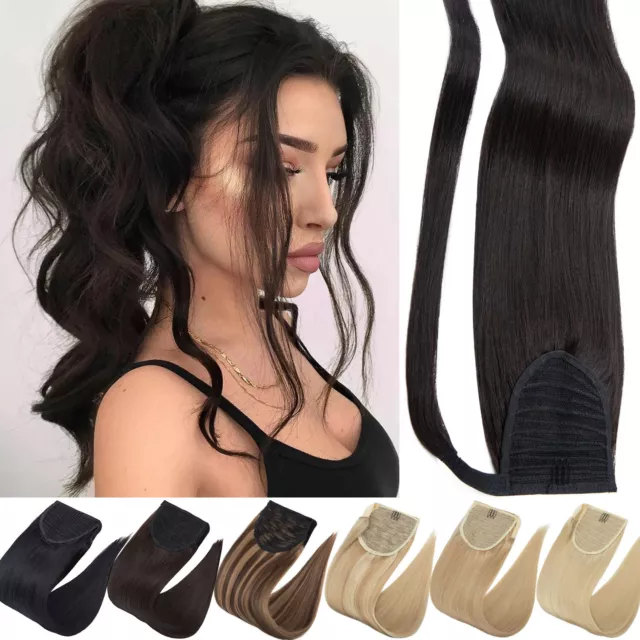 100% Real Human Hair Pony Tail Extensions Clip In Remy Ponytail Hairpiece Black
