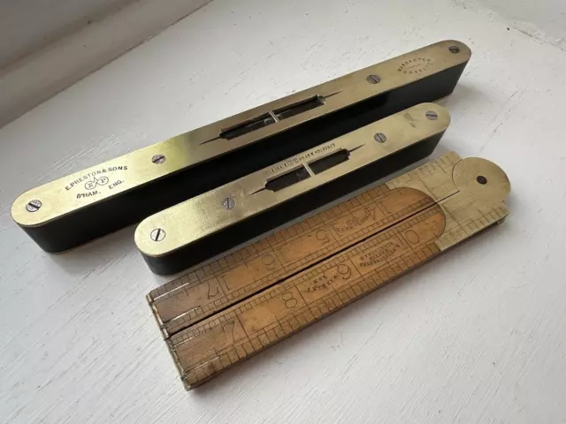 Three antique E. PRESTON & SONS carpentry tools - 2 X Levels + 1 Boxwood Rule