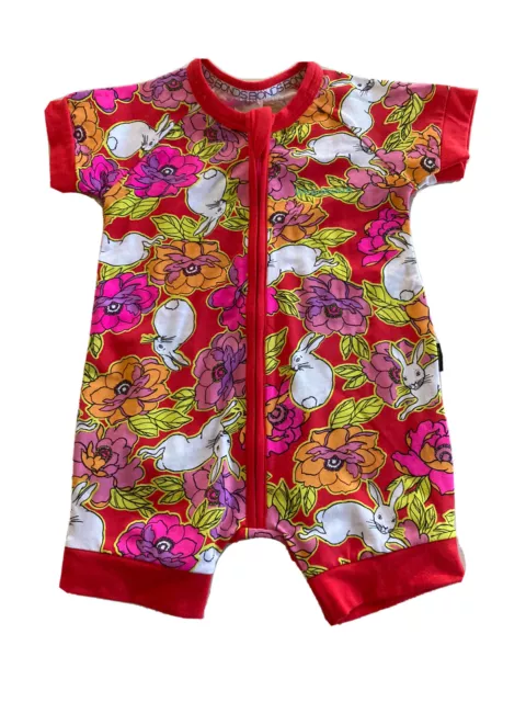 NWT Bonds Baby Red  Pink Floral Short Sleeve Zippy Wondersuit Size 00,3-6 Months