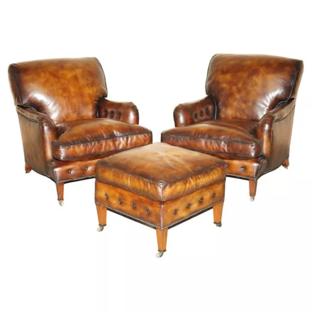 Pair Of Antique Howard & Son Bridgewater Brown Leather Armchairs & Footstool