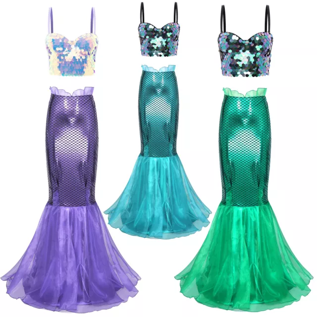 Womens Mermaid Costumes Sling Sequin Bustier Corset Crop Top with Fishtail Skirt 2