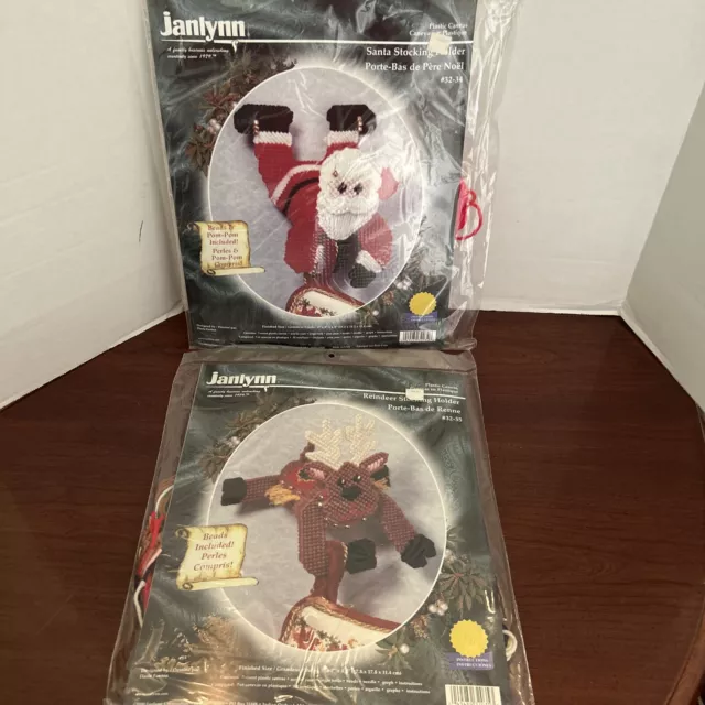 Lot of 2 Janlynn Stocking Holder Santa & Reindeer Christmas Kit #32-34 & 32-35