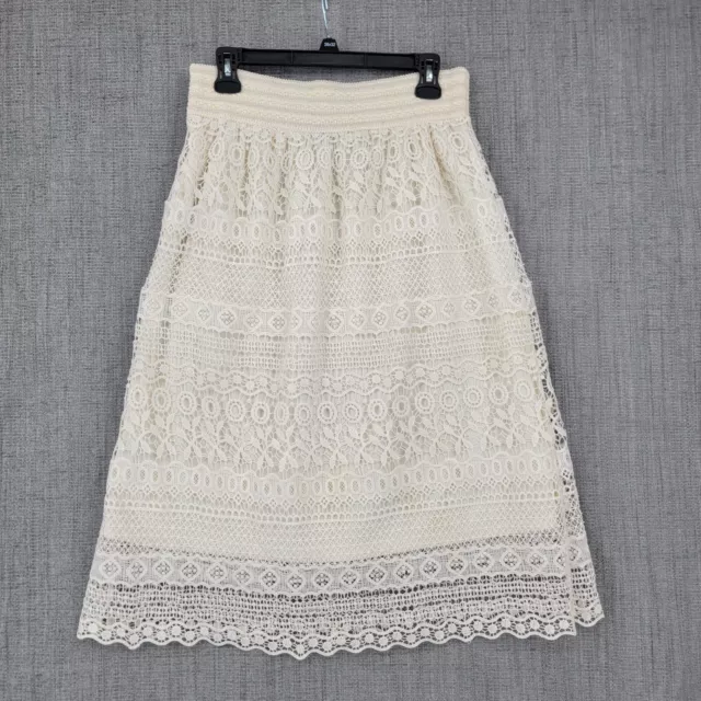 J Gee Lace Overlay Elastic Waist Pull On Midi Skirt Womens Large Ivory Scalloped
