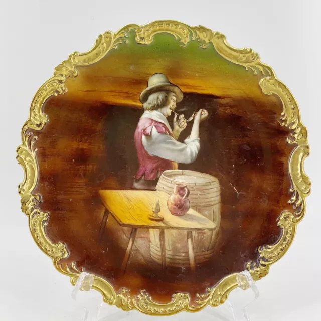 Antique Royal Bayreuth Bavaria Painted Cabinet Wall Plate Pipe Smoking Gentleman