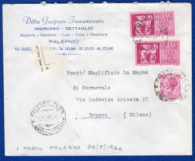 ITALIA - BUSTA ESP. AFF. con 40 L. SIR. + 2x75 L. ESP. da PALERMO il 26-5-1966