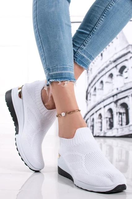 Baskets basses femmes compensés, sans lacets, tendance,  blanche et Noir