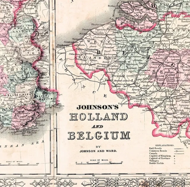 LARGE 1864 France Belgium Holland Map ORIGINAL Paris Antwerp Amsterdam Normandy