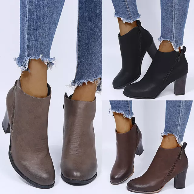 Women Fashion Zipper Chunky Casual Mid Block Heels Ankle Side  Zip Booties Shoes