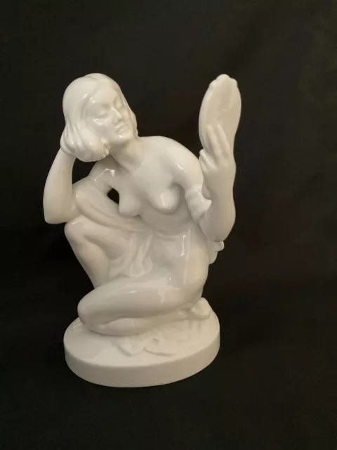 Herend Handpainted White Porcelain Figurine - Nude Female With Mirror