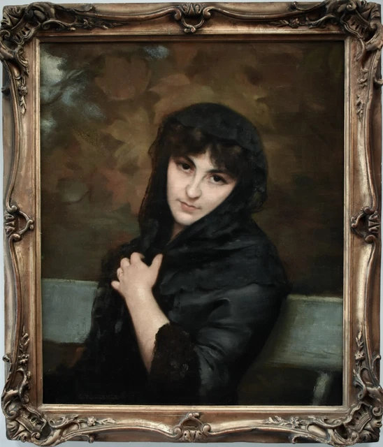 19th Century Oil Painting Original Portrait Woman Art Nouveau by Georges Roussin