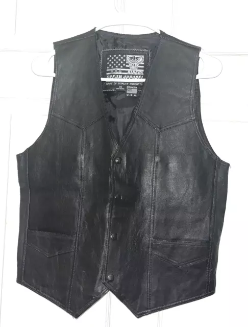 USA Bikers Dream Apparel Men’s Black Leather Lined Vest w/Flag Size XS