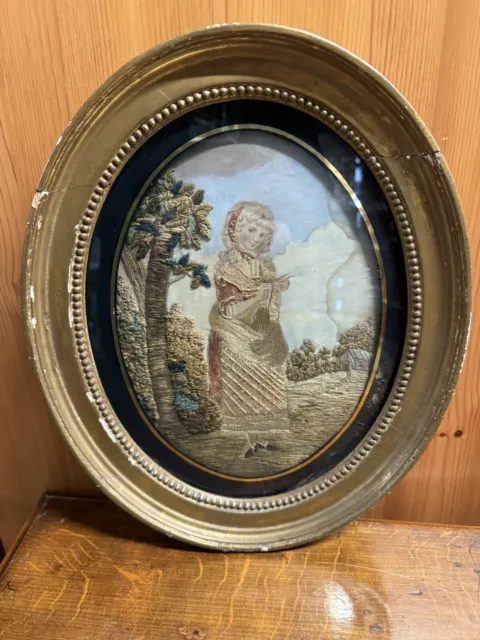 Antique Early 19th Century Silkwork Embroidery  Of Lady In Gilt Oval Frame