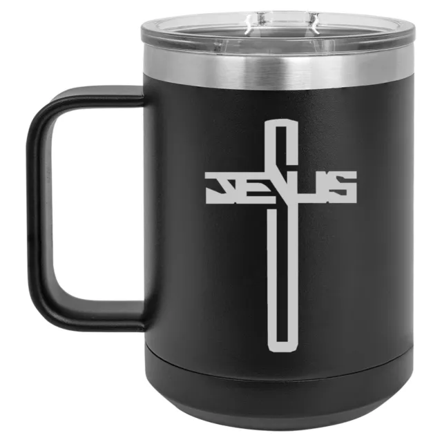 15oz Tumbler Coffee Mug Handle & Lid Travel Cup Vacuum Insulated Jesus Cross