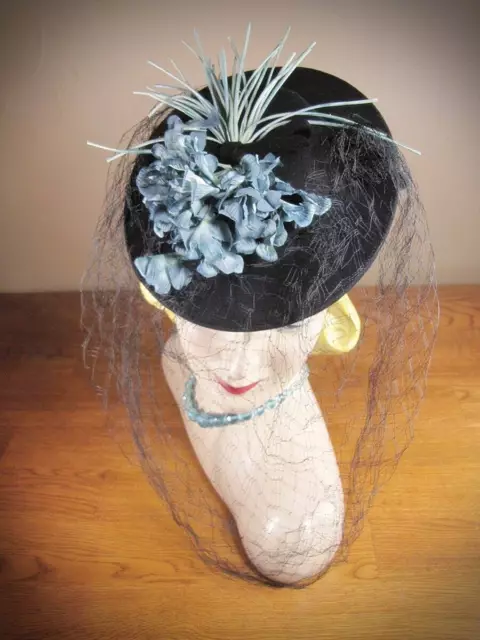 Vintage 1930s 40s Black Fur Felt Doll Tilt Hat Blue Flower New York Creation P36