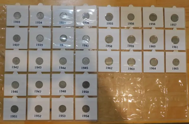 New Zealand 3d Coin Set 1933 - 1954; including rare 1935 coin. Lot 1