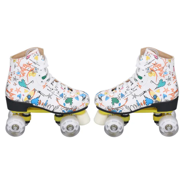 Double Row 4 Wheel Roller Skates White Graffiti Roller Skates Skating Shoes For